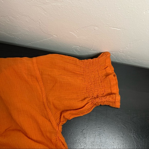 NWT Frye Womens Top Size Large Split Neck Smocked Waist Short Sleeve Orange Rust - Picture 10 of 12